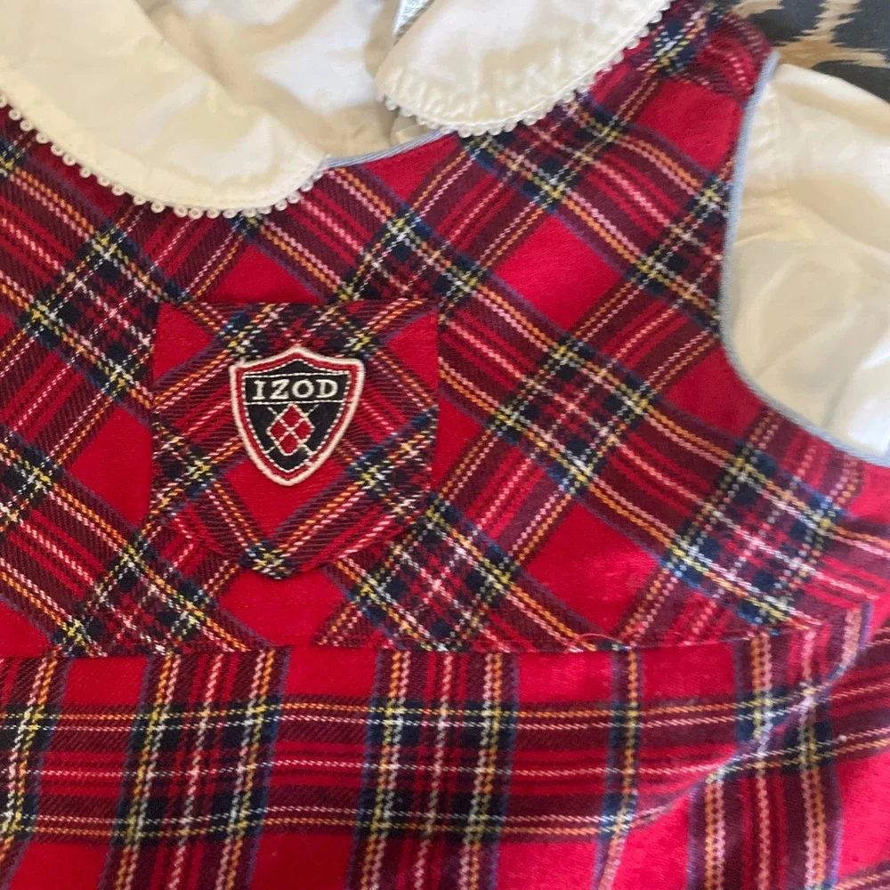 Vintage IZOD Girl's Red Plaid Jumper‎ Dress Set with White Long Sleeve Top - 24M